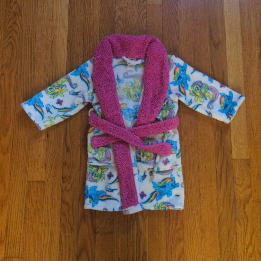 MY LITTLE PONY Girls Plush Bath Robe Plush Pink Trim Bathrobe Rainbow Dash SZ 4